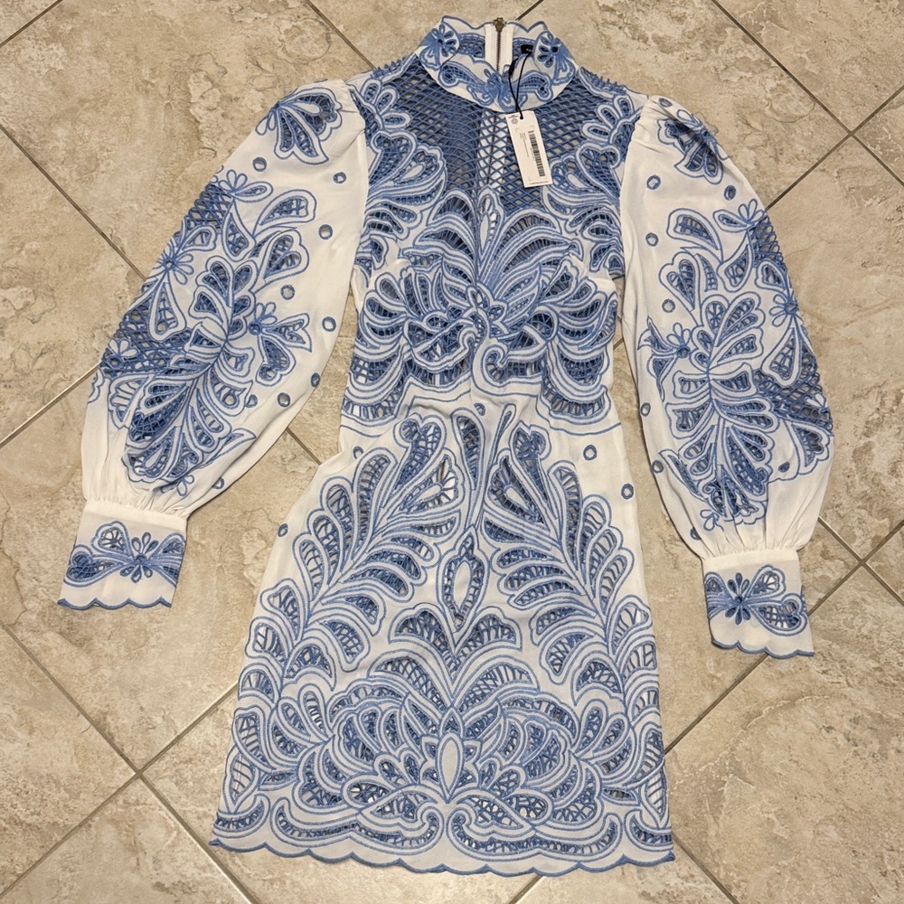 Karen Millen White Mini Dress with Blue Embroidery